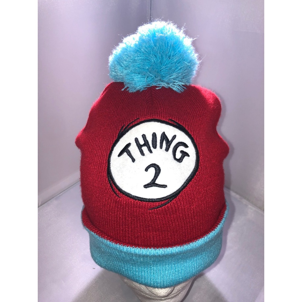 Dr. Seuss Thing 2 Knit Beanie Hat Red Blue Pom Pom Cat in the Hat Costume